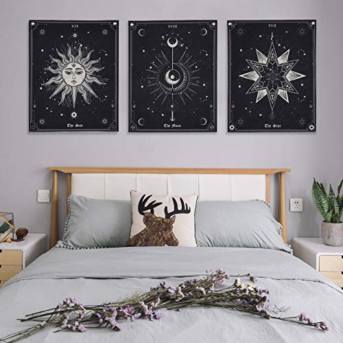 Pocass Pack Of 3 Tarot Tapestry The Sun The Moon The Star Tarot Card Vertical Tapestry Black And White Medieval Europe Mysterious Wall Hanging With Grommets, Seamless Nails (15.7 X 19.6 Inches) #TOP6