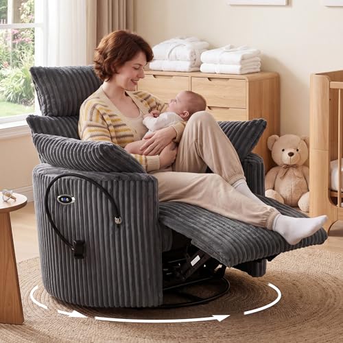 DEKKETO Fauteuil Relax Électrique Inclinable Zéro Gravité, à Bascule & Pivotant 300°, Port USB & Support Téléphone, Dossier Réglable 90°-155°, Velours Côtelé, pour Salon/Chambre/Home Cinéma, Gris