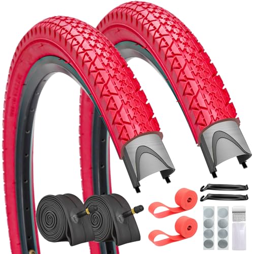 SIMEIQI 26/24x2.125 Inch 2 Pack Bike Tires and Tubes Beach Cuiser Bicycle Tires Red or Blue with Rim Strips and Glueless Patches (Red, 26x2.125)