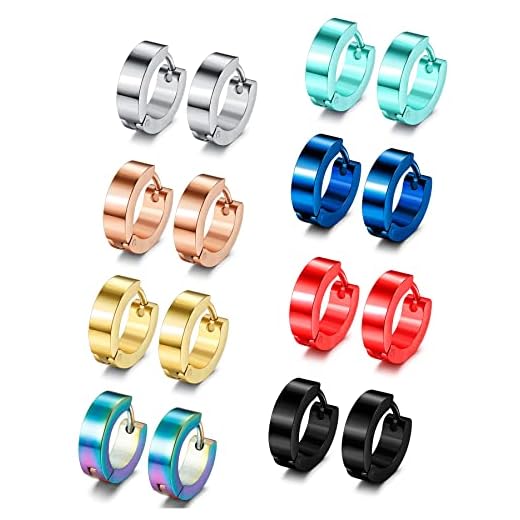 Jstyle 8 Pairs Stainless Steel Small Hoop Earrings for Men Women Huggie Earrings Cool Mens Earrings Set Multicolor Huggie Hoop Earrings Piercing for Men 13MM B