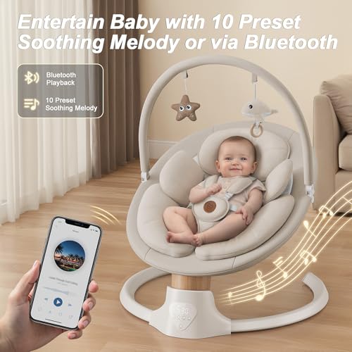 Image of Baby Swings for Infants, FasonBaby Electric Baby Swing with Music Speaker, 5 Speeds, Remote Control and Bluetooth - Portable Infant Swing for Indoor and Outdoor (Beige)