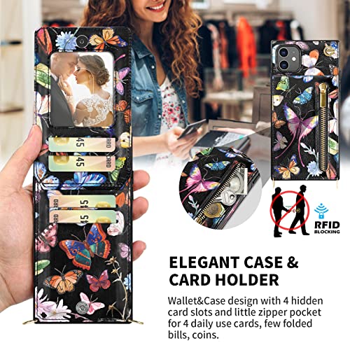 Iphone 11 Crossbody Wallet Case [Rfid Blocking], Card Holder, Zipper Purse, Floral Leather Protective Cover - Butterfly #TOP2