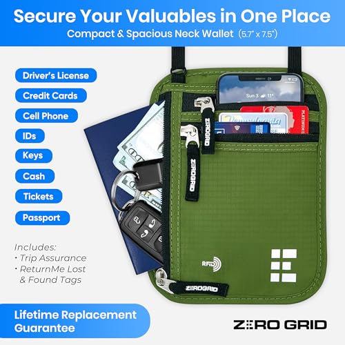 Neck Wallet for Travel & Passport Holder with RFID Blocking - Slim & Easy to Conceal Nylon Travel Pouch for men & women - Holds Phone, Cash, Cards, Keys - Sweat & Water Resistant - Large - Green - Thumbnail 2
