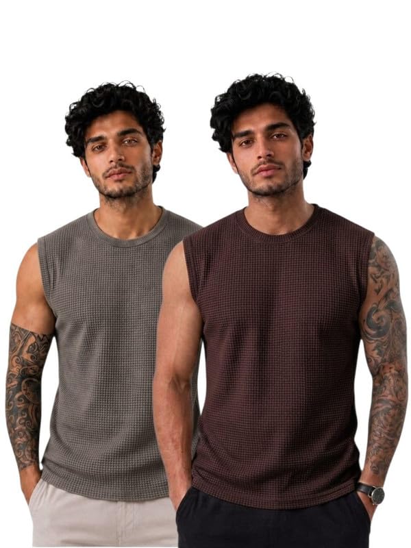 funahme Men's Waffle Knit Sleeveless Vests | Premium Regular Fit Gym, Casual & Lounge Wear Tank Tops(Pack of 2)-picture-28