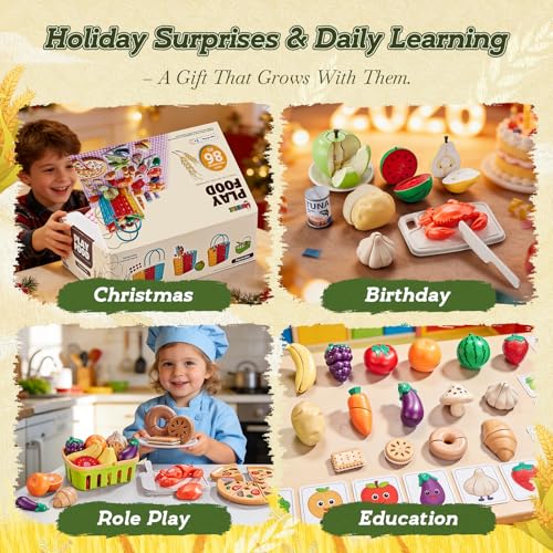 Image of 86Pc Wheat Straw Play Food for Kids Kitchen-Toy Food with 2 Baskets & Picnic Blanket, Realistic Cutting Pizza, Grocery Cans, Pretend Play Kitchen Accessories & Toddler Toys for Boys Girls 3+