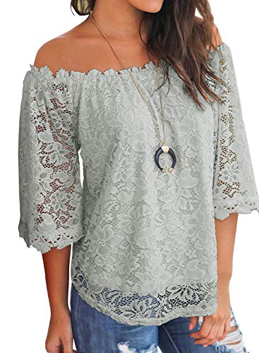 MIHOLL Women's Lace Off Shoulder Tops Casual Loose Blouse Shirts (Gray, Large)