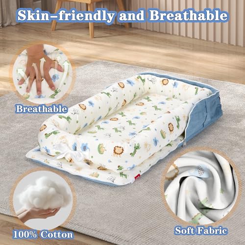 Image of Baby Lounger for Newborn-Portable Baby Lounger 0-24 Months for Home and Travel,Newborn Loungers with Strap, Baby Nest Lounger Adjustable Size,Animal World Blue