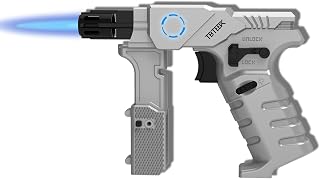 TBTeek Refillable Butane Torch Lighter with Blue LED, Safety Lock, Adjustable Flame & Dual-Height Stand - Kitchen Blowtorch for Creme Brulee, Soldering, BBQ