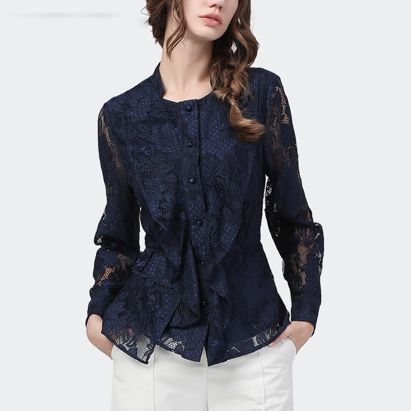 Top de Encaje con Cuello Cuadrado para Mujer, Prendas de Vestir de Cintura Estrecha y Manga Larga, Blusa Floral Calada, Camisa Coreana de otoño e Invierno (Negro S)