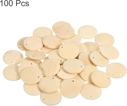Miniatura 3 de uxcell Discos redondos de madera, 100 unidades de 0.984 in, círculos de madera sin terminar con agujeros, adornos de madera para manualidades,