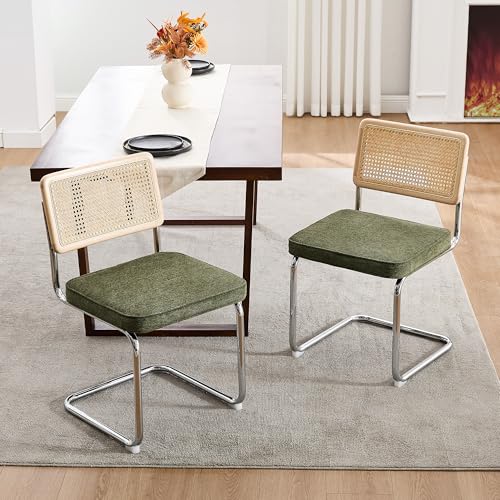 Image of Zesthouse Natural Rattan Dining Chairs Set of 2, Mid Century Modern Dining Chairs with Solid Wood Back & Chrome Base, for Kitchen Living Room, Breuer Design Inspired, Upholstered Linen Fabric, Green