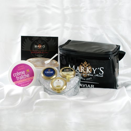 Markys Caviar Aqua Caviar - Cesta de regalo 8 piezas Baerri ámbar Karat y Caviar de Osetra californiano Blini francés Crema Fraiche Garantía de