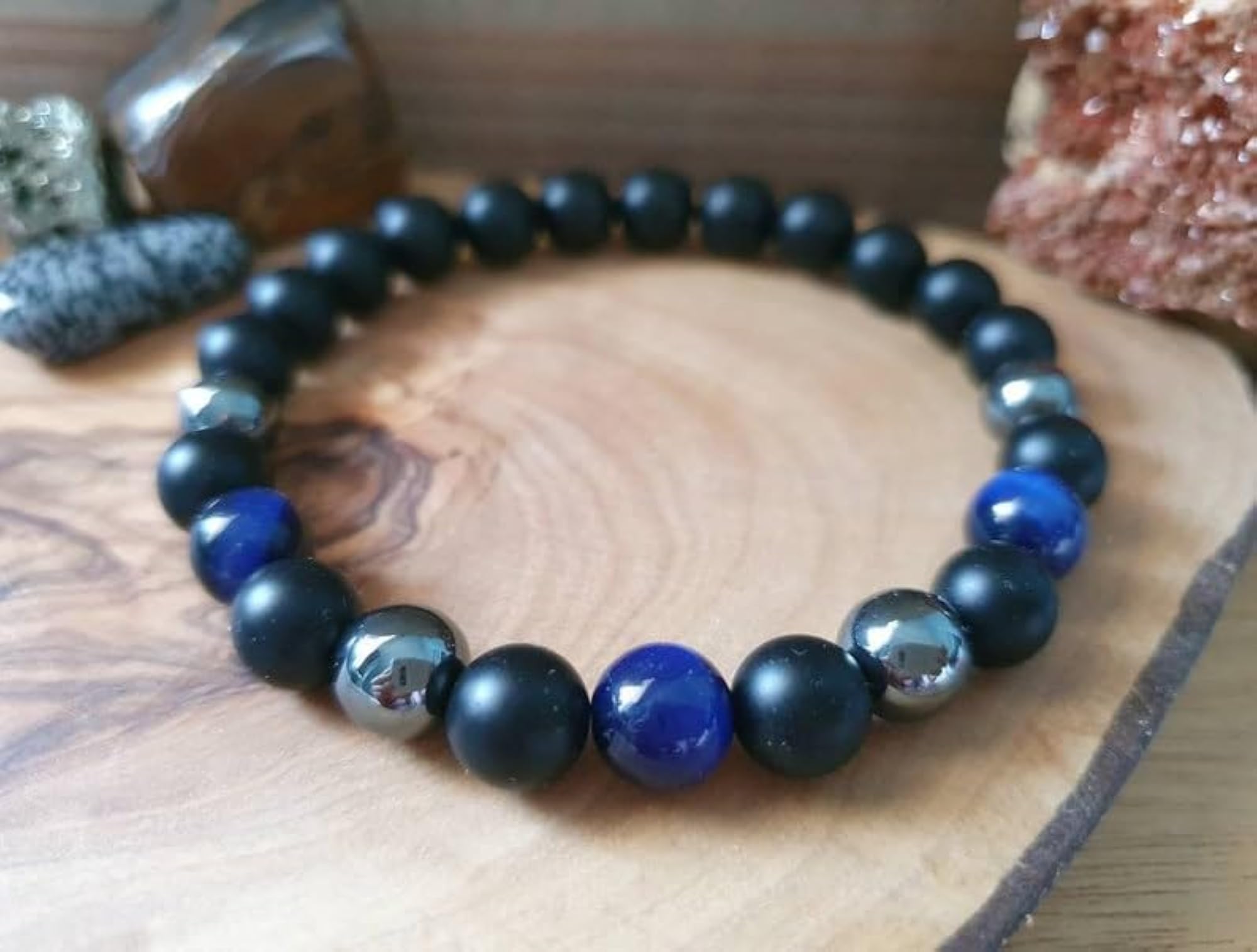 Natural Matte Black Onyx, Blue Tigers Eye & Hematite Stretchable Bracelet, Unisex
