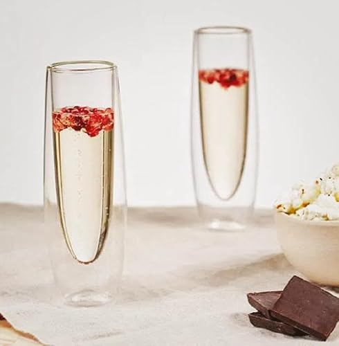 Raineed ダブルウォール グラス シャンパングラス ロング カクテル ワイン ティーカップ 150ml 二重構造 耐熱ガラス カップ 2個/4個セット 酒器 ペアセット 透明 おしゃれ エレガント プレゼント 結婚祝い お祝い バー用品 ホテル 宴会