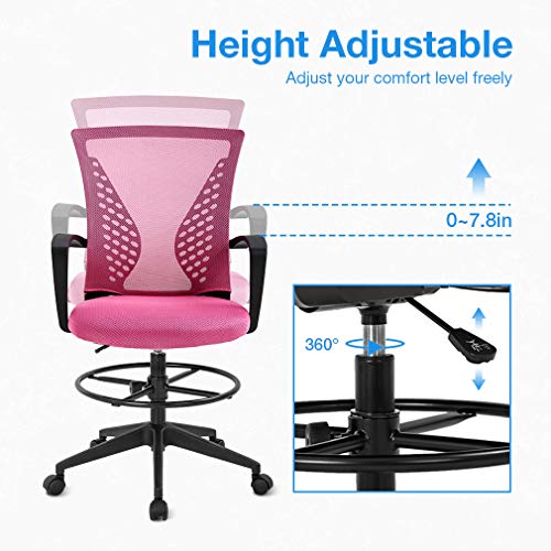 Drafting Chair Tall Office Chair Standing Desk Chair Adjustable Height With Arms Foot Rest Back Support Rolling Swivel Desk Chair Mesh Drafting Stool For Adults (Pink) #TOP2