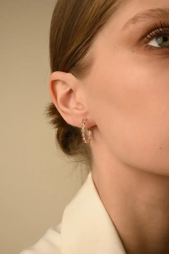 VR Jewels Solid 14k Yellow Gold Pink Sapphire Hoop Earrings, Handmade Bezel Hoops, Gift for Mom