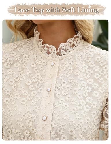 Womens Lace Tops Short Puff Sleeve Crew Neck Floral Embroidery Eyelet Casual Button Down Boho Summer Blouses Beige — view 4