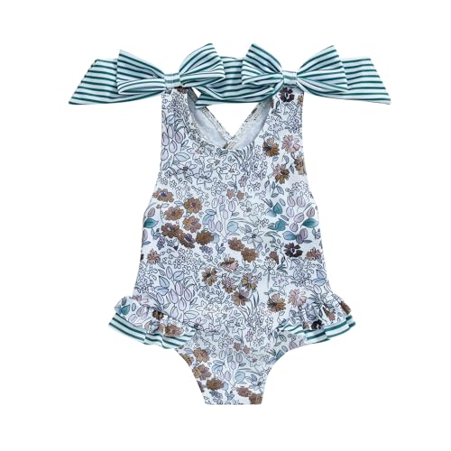 Image of Toddler Kids Girl One Piece Swimsuit Floral Sleeveless Backless Swimwear Bowknot Ruffled Bathing Suit Beachwear