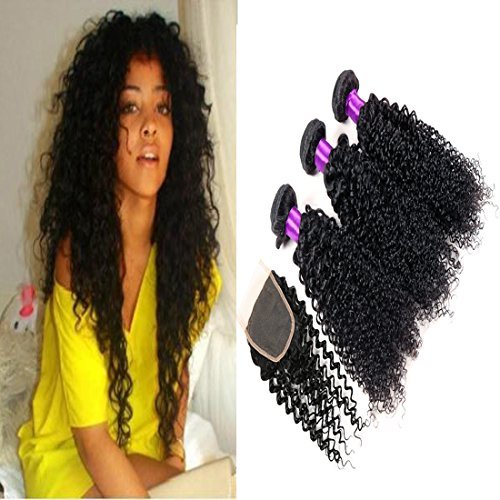 Queen Plus Hair Peruvian Curly Virgin Hair Weave (8 8 8 with 10 Inch) 7a Human Hair Extensions Natural Color Kinky Curly Weave 3 Mix Length Hair Bundles with Top Lace Closure for Short Bob Beauty