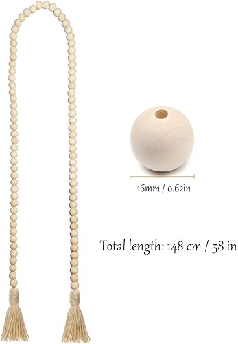 Miniatura 2 de Guirnalda de cuentas de madera de 58 pulgadas con borlas para decoración rústica de campo cuentas bohemias de oración para colgar en la pared