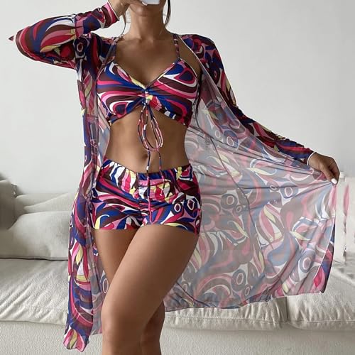 Image of SSoShHub Babydoll Lingerie Bodysuit Swimwear Mini Chemise Mesh Wedding Robe with Bikini Nightie Bridal Nightdress with Bra, Panty and Robe 3 Piece Set