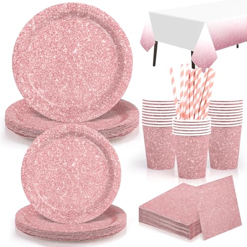 Yidaxing Assiettes Jetables Anniversaire Paillettes Or Rose, Vaisselles Jetables Rose Chatoyant, Gobelets Pailles Serviettes Nappe pour Décoration Fête de...