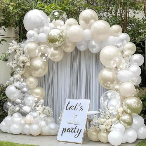 Image of White Balloon Arch Double Stuffed Sand White Gold Pearl Bobo Balloons Light Gold Silver Latex Balloon Garland for Birthday Wedding Baby Shower Bridal Shower Baptism Party Decor