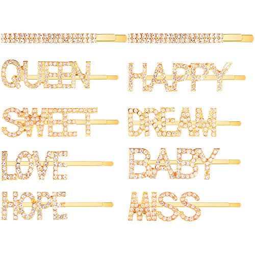 10 Pieces Letter Hair Pin Word Crystal Hair Clips Metal Rhinestone Bobby Pin for Women Ladies Hair Accessories