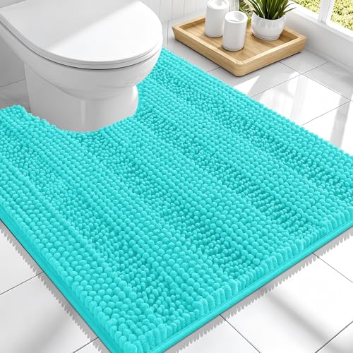 Image of Smiry Thick Chenille Toilet Rugs U-Shaped 24x20, Extra Soft Absorbent Striped Contour Bathroom Rugs, Machine Washable, Dry Quickly, Bath Mat, Teal