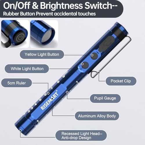 Diagnostikleuchte, Wiederaufladbare LED Pupillenleuchte mit USB-Kabel, Warmes/Kühles Weiß & Stufenlose Dimmung, Tragbare Aluminium Medizinische Pupillenleuchte mit Clip(Dunkelblau)