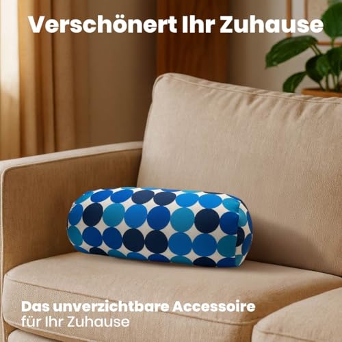 COVERBAGBCN - Rundes Relax Anti-Stress-Kissen | Entlastung für die Halswirbelsäule | Füllung mit kleinen Komfortperlen | Lycra-Stoff, weich im Griff | Maschinenwaschbar | 35x15 cm (Blaue Punkte).
