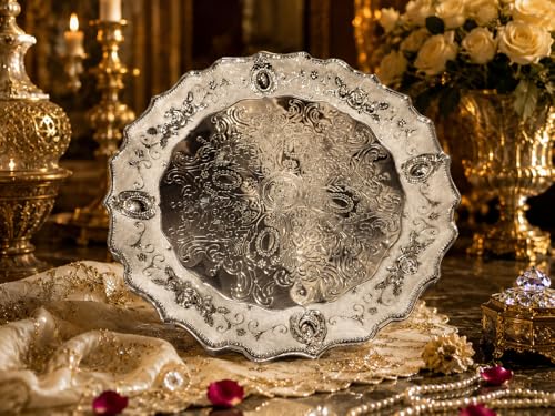 Image of Regal Silver-Plated Decorative Serving Tray for Weddings & Festive Hosting / /Heritage Luxe Embossed Display Platter for Elegant Table Styling