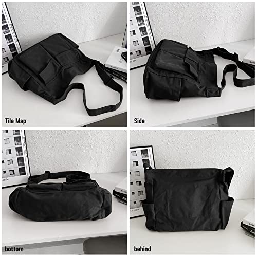 Image of LassZone Canvas Messenger Bag Large Crossbody Bag Hobo Shoulder Handbags Multi Pocket Denim Tote Bag for Women or Men