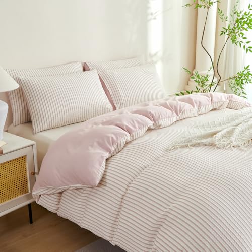 Image of Grayish Pink Striped Comforter Set Queen - 3 Pieces Bedding Comforter Set for All Season, Soft Lightweight Washed Microfiber, 1 Striped Comforter and 2 Pillowcases (Grayish Pink, Queen Size)