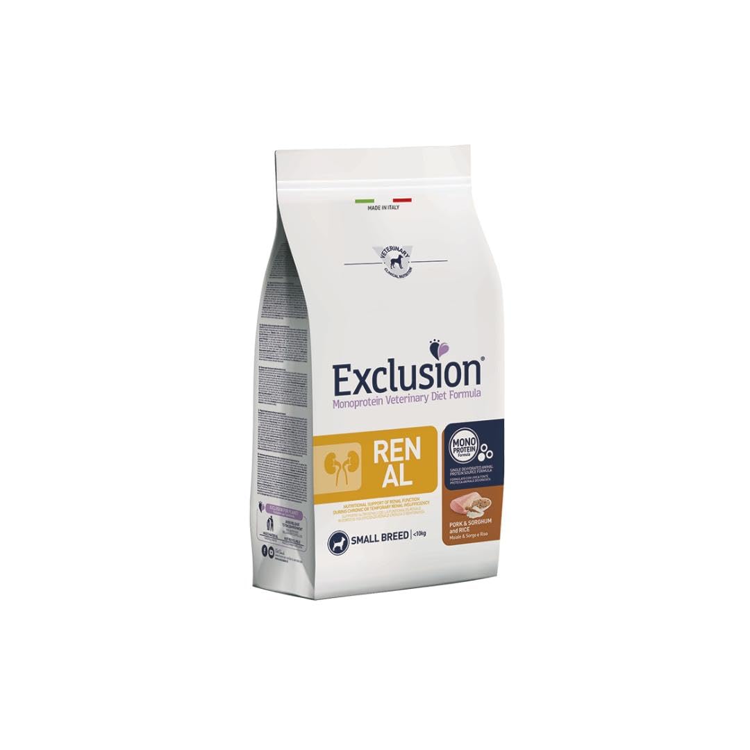 Exclusion Renal - Alimento dietético para perros adultos de talla pequeña con insuficiencia renal, sabor cerdo, sorgo y arroz, 2 kg