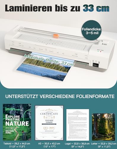 13 Zoll A3 Laminiergerät mit Automatischer Papiereinführung, A3 Heiß- & Kaltlaminierung, 20 Laminierfolien, 10-in-1 Set mit Schneider, Trimmer & Eckenabrunder für Büro, Schule & Zuhause, Weiß
