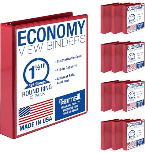 Samsill 1.5 Inch 3 Ring Binders Economy Round Ring Clear View Cover 325 Sheet Capacity - for School Home Office - Red 12 Pack