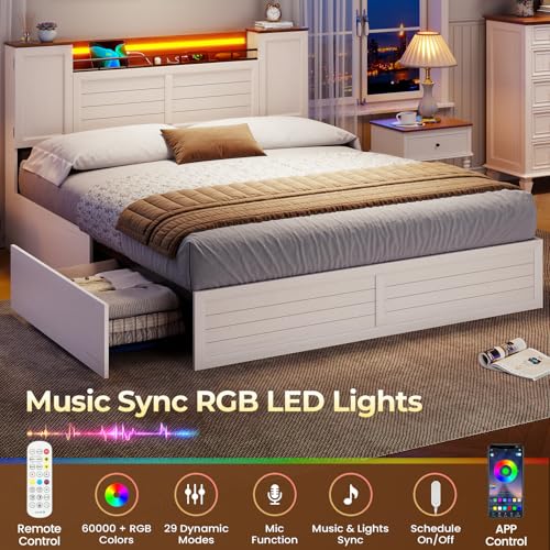VIAGDO Farmhouse Queen Bed Frame with Headboard and Double Barn Door Storage Cabinets, Rustic Wooden Bed Frame Queen Size with Charging Station, 4 Drawers and LED Lights, No Box Spring Needed, White
