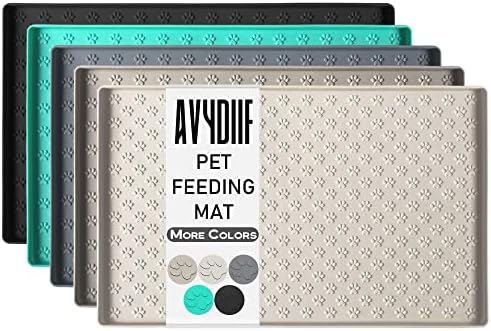 Silicone Dog Cat Food Mat, Waterproof Slip Resistant Raised Edge Pet Feeding Mats, Pet Bowl Mat Anti-Messy and Prevent Spill on Floor, Dishwasher Safe(M: 18.9" X 11.8", Cream)