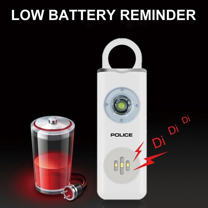 Personal Safety Alarm connected to a USB charging cable, indicating a built-in rechargeable battery.