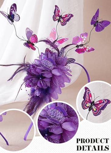 Zinniday Purple Butterfly Fascinators Hat - 2025 Derby Flower Fascinator Feather Tea Party Hat for Women Lady Girls, Monarch Butterfly Headband for Masquerade Renaissance Party Costume Headwear - Thumbnail 5
