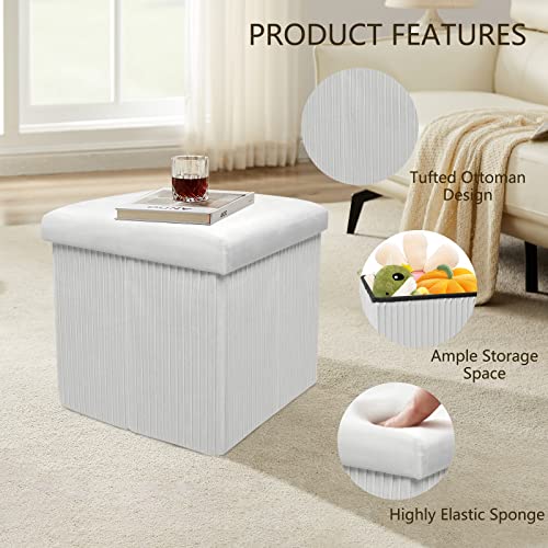 Babion Velvet Storage Ottoman Cube, Folding Tufted Ottoman with Storage Square, Small Foot Rest Ottoman with Foam Padded Seat, White 12 Inches - Thumbnail 4