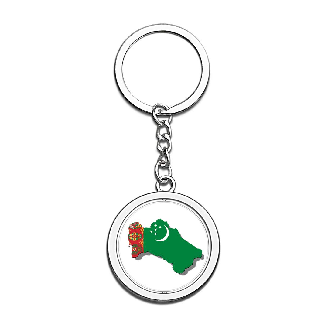 Turkmenistan map National Flag Keychain 3D Crystal Creative Spinning Round Stainless Steel Keychain Travel City Souvenir Key Chain Ring