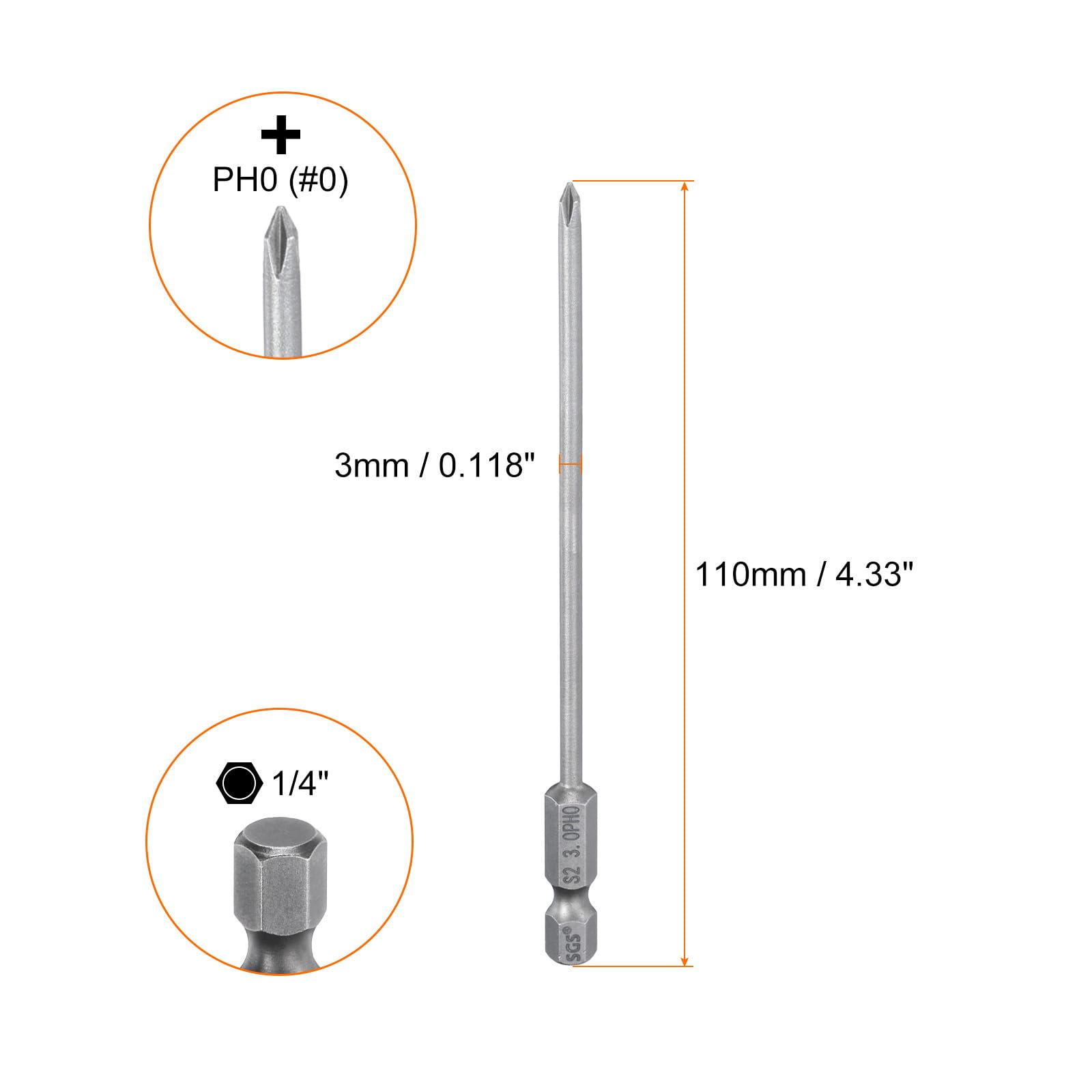 HARFINGTON 10 puntas de destornillador Phillips #0 PH0 de 1/4 pulgadas con vástago hexagonal de 4.33 pulgadas de largo magnético S2 de acero de grado industrial, brocas eléctricas de cabeza cruzada de