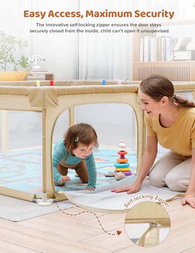Image of Dripex Baby Playpent with Mat, 71 inchx59 inch Large Play Pen for Babies, Beige | Included Waterproof Mat /Portable Bag / Pull up Rings, Breathable Visible Mesh, Easy Setup, Indoor /Outdoor Use