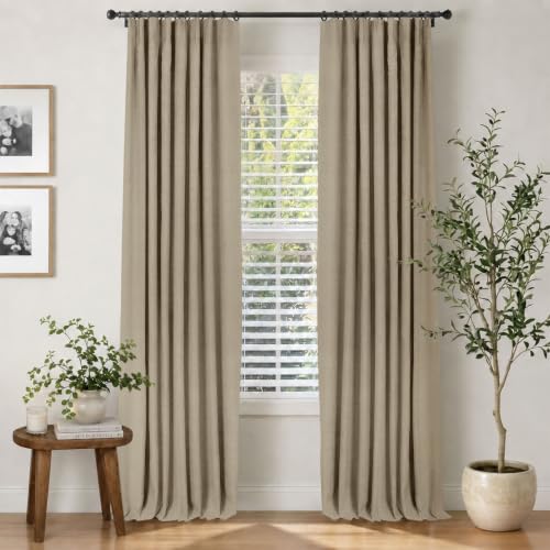 Image of INOVADAY 100% Blackout Curtains for Bedroom, Earthy Beige Black Out Curtains 84 Inch Long, Clip Rings Linen Blackout Drapes, Thermal Insulated Room Darkening for Living Room, 2 Panels - W50xL84