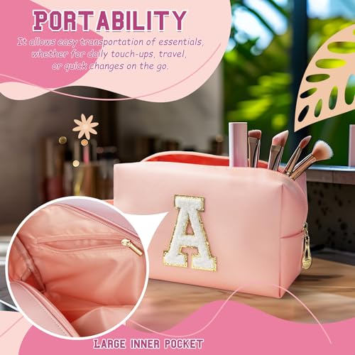 Personalized Initial Makeup Bag with Handle, Preppy Cosmetic Bag with Inner Zipper Pocket, 8 9 10 11 12 13 14 Years Old Girl, Graduation Gifts for Teen Girls Women Teachers (A, Pink)3