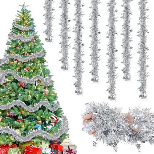 16M Lametta Weihnachtsbaum Silber, 8 Stück Weihnachtsdeko Girlande...