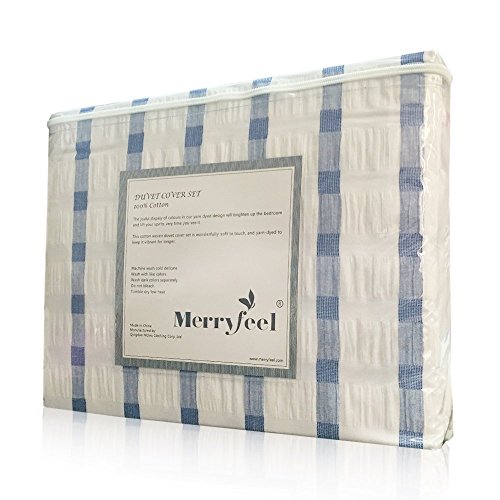 Merryfeel Seersucker Duvet Cover Set,100% Cotton Yarn Dyed Striped Duvet Cover With 2 Pillowshams - Full/Queen Navy #TOP6
