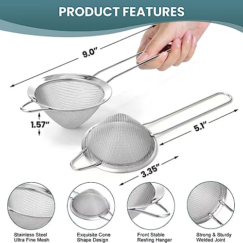 CUNSENR Premium Fine Mesh Tea Strainer - Stainless Steel Cocktail Strainer for Drink - Small Strainers for Kitchen, Tea Herbs, Juice, Coffee - Mini Strainer for Juicing - Easy to Use & Clean, Silver - Thumbnail 2